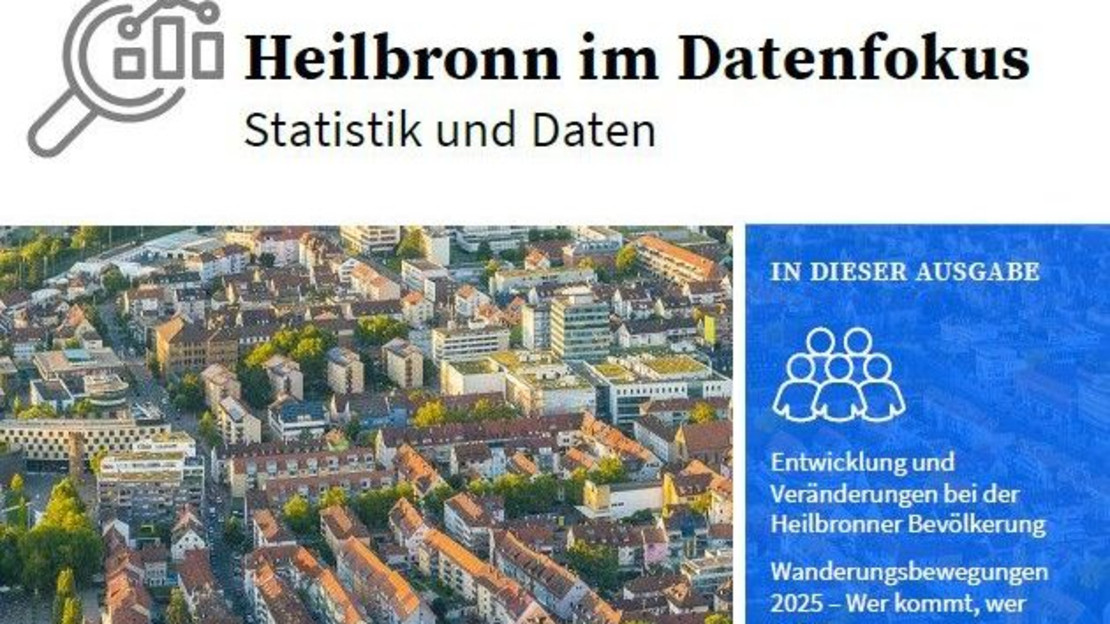 Das Bild zeigt die Titelseite der Broschüre "Heilbronn im Datenfokus", mit der die Stadt Informationen zur Entwicklung von Heilbronn anschaulich aufberrreitet. 
