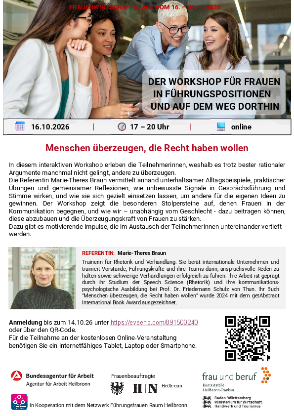 Workshop für Frauen in Führungspositionen und auf dem Weg dorthin am 16.10.2026, 17- 20 Uhr, online