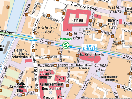 Das Bild zeigt einen Karten-Ausschnitt des Heilbronner Online-Stadtplans. Wenn man ein braunes Viereck anklickt, werden Infos zur Bedeutung des jeweiligen Straßennamen angezeigt.