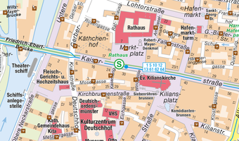 Das Bild zeigt einen Karten-Ausschnitt des Heilbronner Online-Stadtplans. Wenn man ein braunes Viereck anklickt, werden Infos zur Bedeutung des jeweiligen Straßennamen angezeigt.