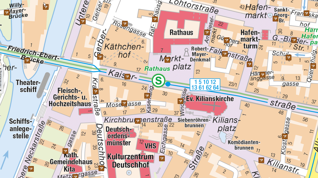 Das Bild zeigt einen Karten-Ausschnitt des Heilbronner Online-Stadtplans. Wenn man ein braunes Viereck anklickt, werden Infos zur Bedeutung des jeweiligen Straßennamen angezeigt.
