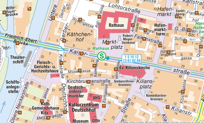 Das Bild zeigt einen Karten-Ausschnitt des Heilbronner Online-Stadtplans. Wenn man ein braunes Viereck anklickt, werden Infos zur Bedeutung des jeweiligen Straßennamen angezeigt. 