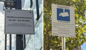 Collage mit zwei Bildern. Links: Schild der Waffenverbotszone mit Geltungsbereich. Rechts: Schild zur Videoüberwachung am Marktplatz.