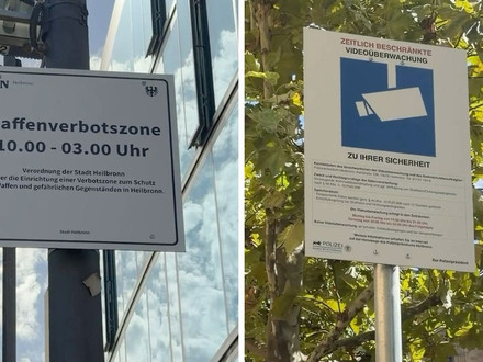 Collage mit zwei Bildern. Links: Schild der Waffenverbotszone mit Geltungsbereich. Rechts: Schild zur Videoüberwachung am Marktplatz.