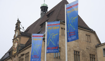 Das Bild zeigt wehende Fahnen zum Internationalen Aktionstag gegen Gewalt an Frauen. Sie wehen vor dem Heilbronner Rathaus. 