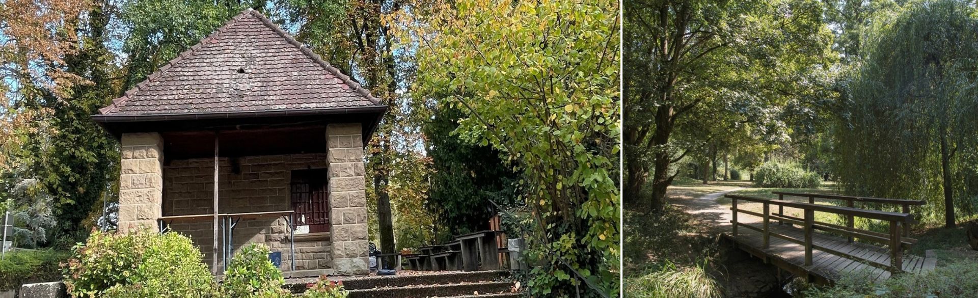 Man sieht den Kiosk im Pfühlpark und den Pfühlpark