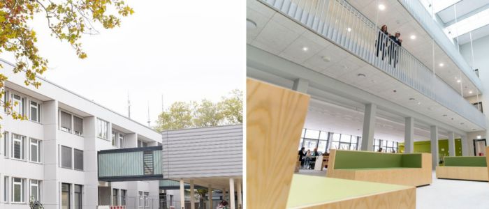 Man sieht zwei Fotos der Fritz-Ulrich-Schule. Das eine zeigt die Schule von außen. Das andere zeigt die Schule von innen. 