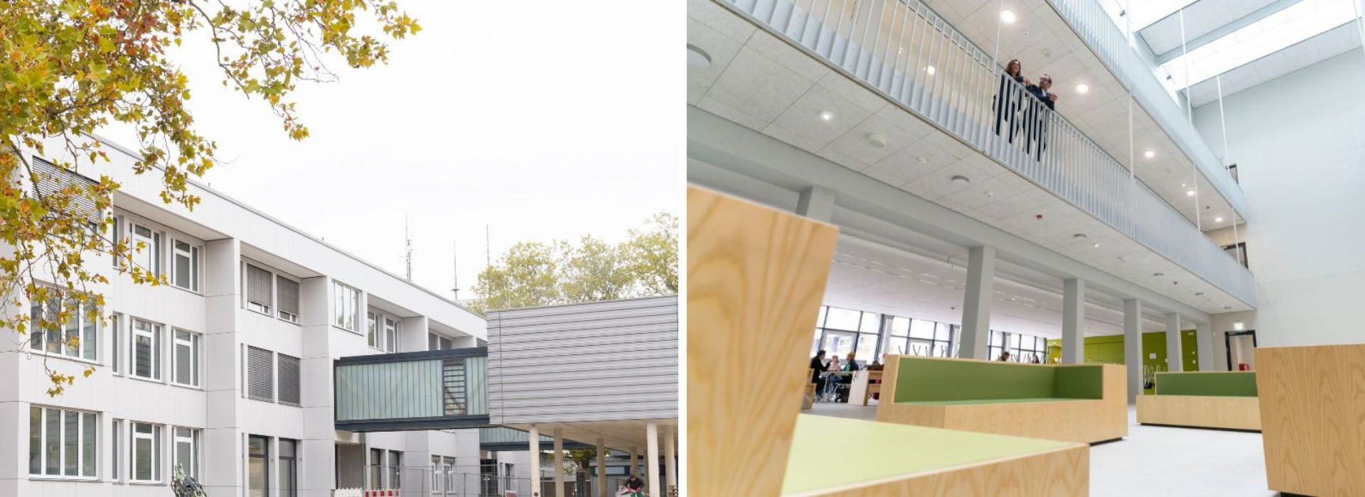 Man sieht zwei Fotos der Fritz-Ulrich-Schule. Das eine zeigt die Schule von außen. Das andere zeigt die Schule von innen. 