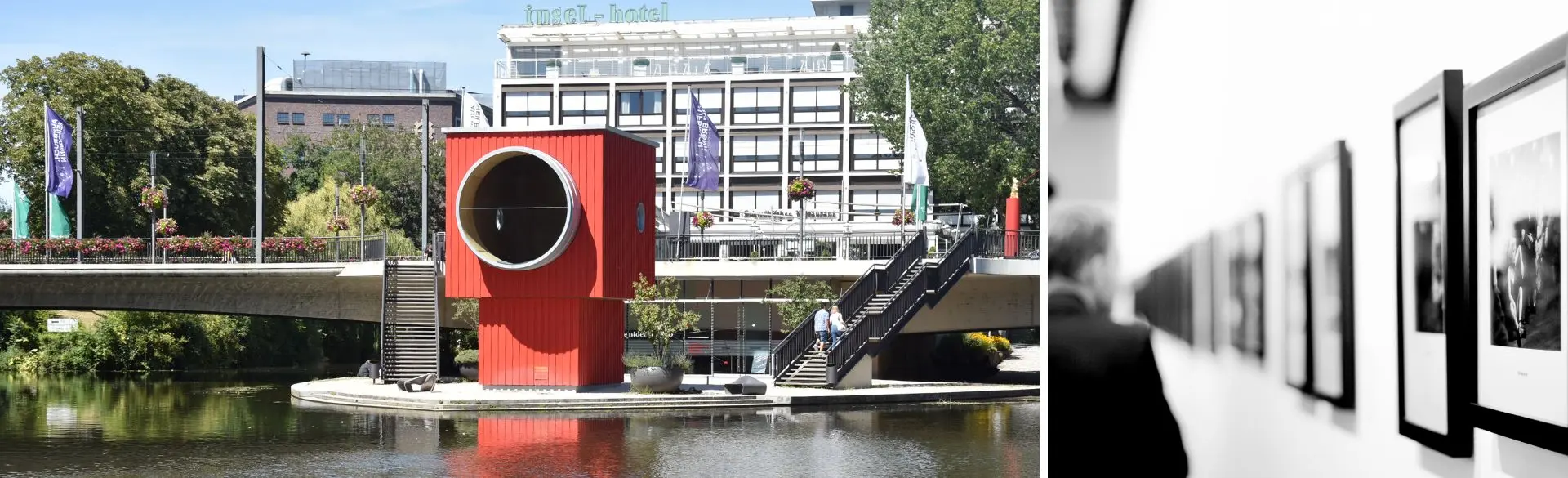 Das Bild ist in zwei Bereiche geteilt. Links ist das One Man House an der Inselspitze in Heilbronn zu sehen, ein kleines rotes Gebäude am Wasser mit markanter runder Öffnung. Es steht auf einer Plattform und ist über einen Steg erreichbar, im Hintergrund sind weitere Gebäude zu erkennen. Rechts zeigt das Bild einen Ausstellungsraum mit einer Reihe gerahmter Fotografien an einer Wand. Die Kombination verweist auf Kunst im öffentlichen Raum und in Innenräumen.