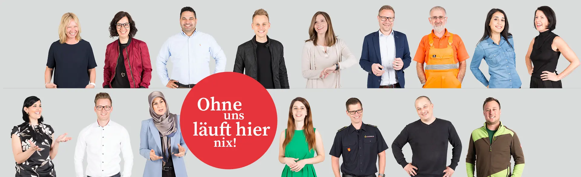 "Ohne uns läuft hier nix" steht auf einem großen roten Kreis, der umgeben von Mitarbeitenden der Stadt Heilbronn ist.