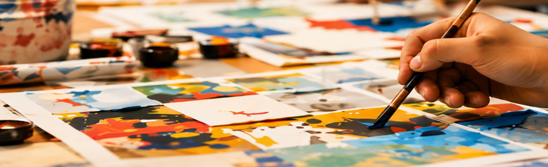 Hand mit Pinsel malt an einem Tisch mit bunten Bildern, Farben und kreativen Kunstmaterialien in einem Atelier