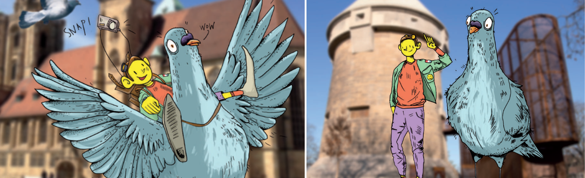 Illustration einer Figur, die neben einer großen blauen Taube steht und freundlich grüßt. Im Hintergrund ist ein runder Turm sowie eine Stahlkonstruktion zu erkennen. Die Szene vermittelt eine lockere und einladende Atmosphäre.