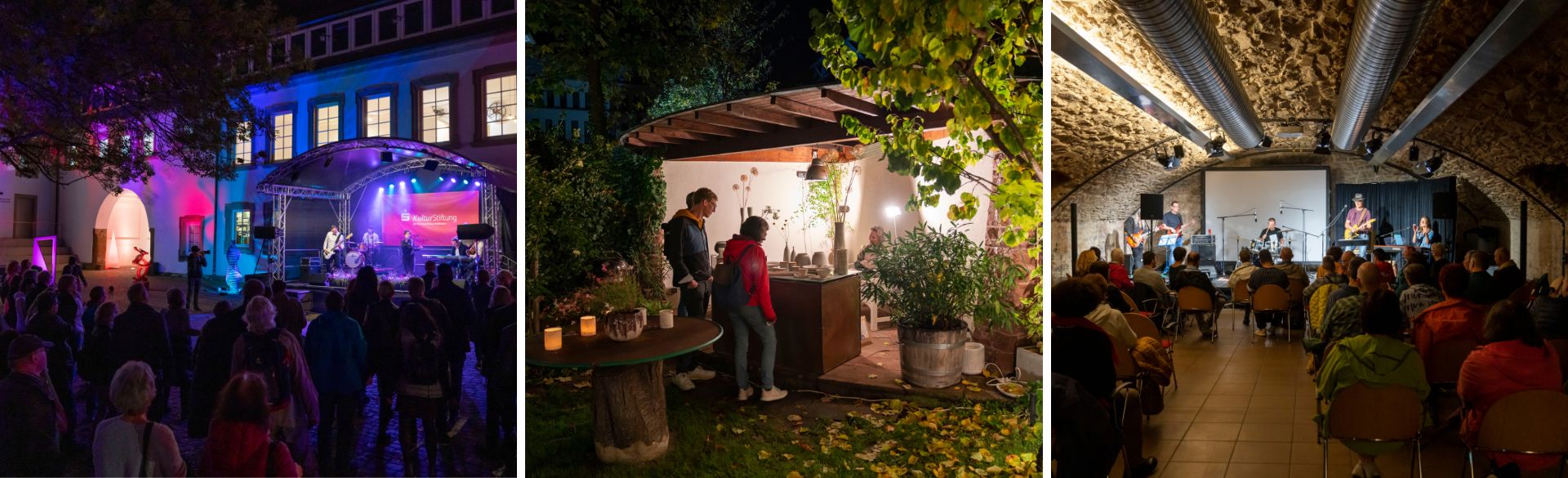 Das Bild zeigt eine Collage aus drei Szenen der Langen Nacht der Kultur. Links ist eine nächtliche Veranstaltung im Freien mit beleuchteten Gebäuden und vielen Menschen zu sehen. In der Mitte findet eine kleinere Darbietung in einem Hof oder Garten statt, bei der Besucherinnen und Besucher einem Auftritt folgen. Rechts ist ein Innenraum mit Publikum dargestellt, das einer Veranstaltung auf einer Bühne zuhört. Die Collage vermittelt die Vielfalt kultureller Angebote und die besondere Atmosphäre des Events.