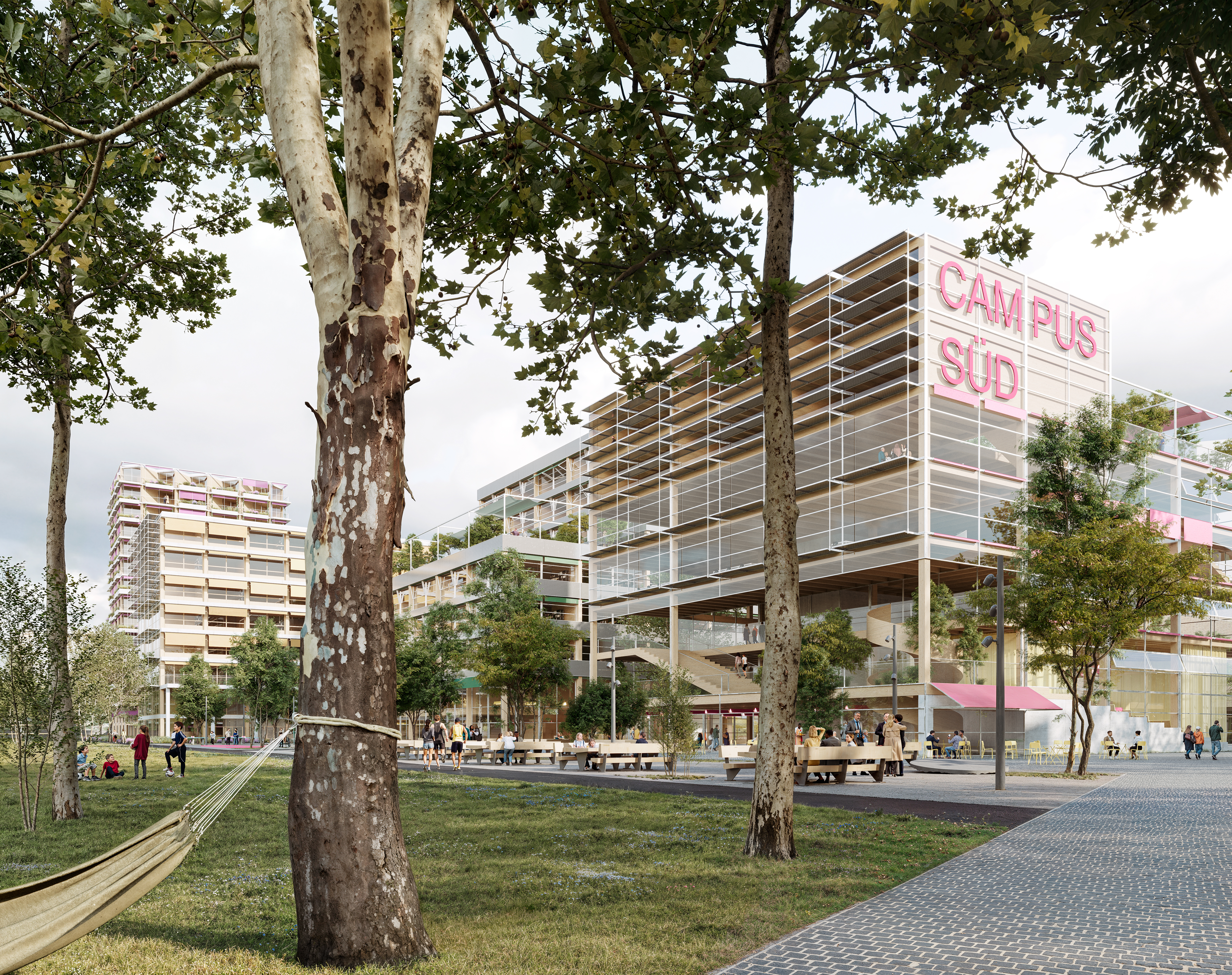 Visualisierung des Siegerentwurfs für den Bildungscampus Süd mit begrünten, offenen Gebäudestrukturen und einem großzügigen Uferpark als Verlängerung des Campusparks. Im Vordergrund stehen große Bäume, Grünflächen und Aufenthaltsbereiche.