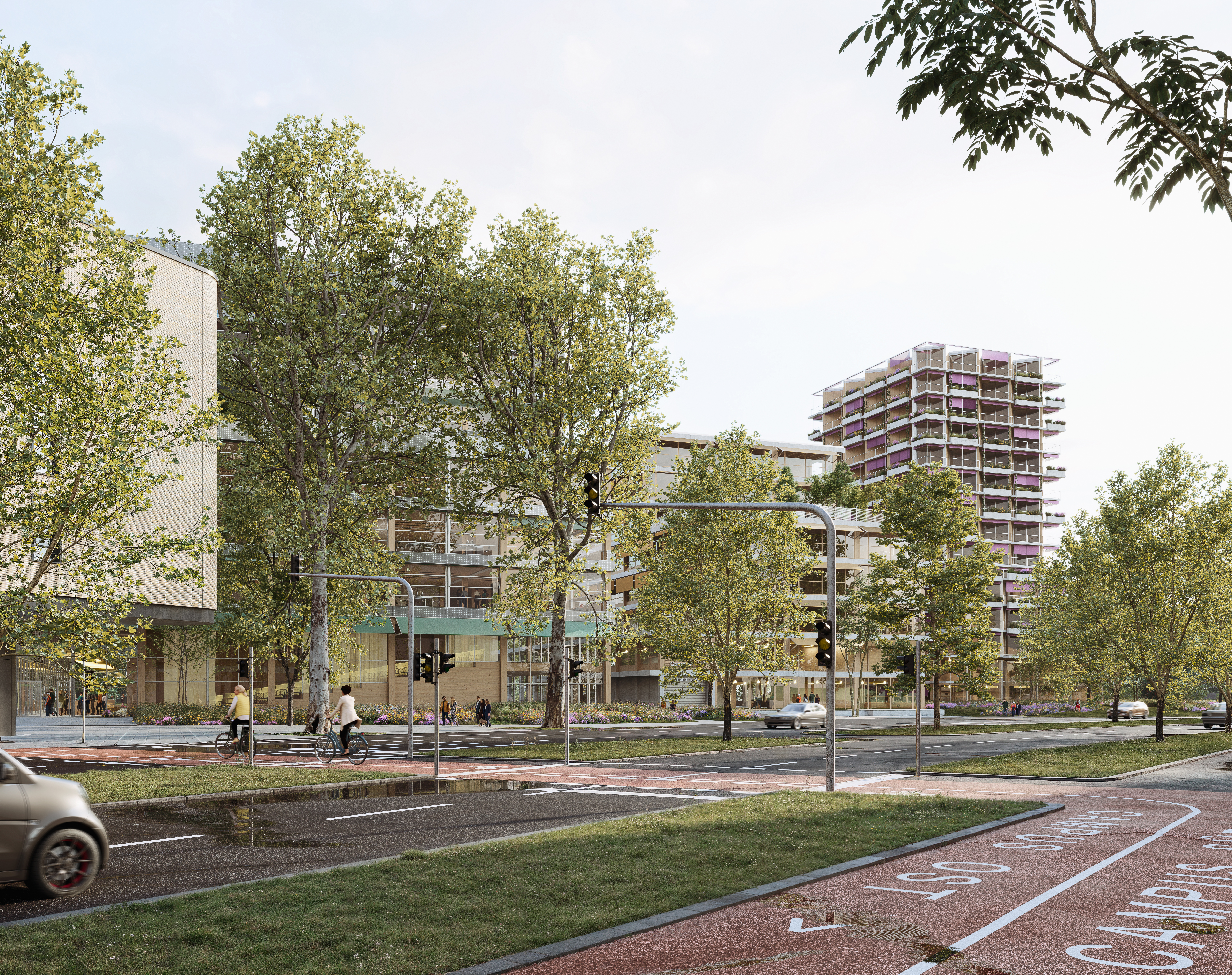 Visualisierung des Siegerentwurfs für den Bildungscampus Süd von der Mannheimer Straße aus. Zu sehen sind begrünte Campusgebäude, ein Hochhaus, breite Fußwege, Radwege und eine baumbestandene Straßenlandschaft.