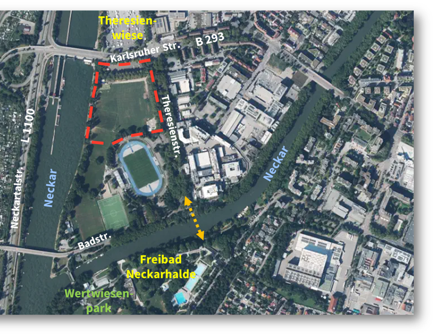 Luftbild des markierten Areals auf der Theresienwiese, zwischen Karlsruher Straße, Theresienstraße, Neckar und Frankenstadion.