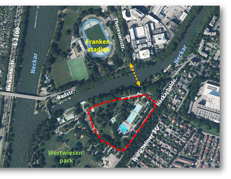 Luftbild des markierten Areals des Freibads Neckarhalde im Wertwiesenpark, südlich des Neckars zwischen Neckarhalde und Bietigheimer Straße.
