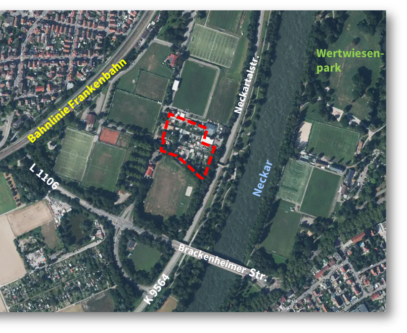Luftbild des markierten Areals auf der Viehweide in Böckingen, westlich der Neckartalstraße und nördlich der Brackenheimer Straße. Der vorgesehene Standort liegt auf dem Gelände des ehemaligen Geflügelzüchtervereins.