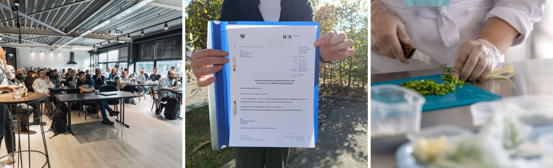 Collage zum Thema Lebensmittelhygiene: ein Speiseraum mit vielen Gästen, eine Person mit einem ausgedruckten Dokument und eine Person bei der Zubereitung von Lebensmitteln mit Einweghandschuhen.
