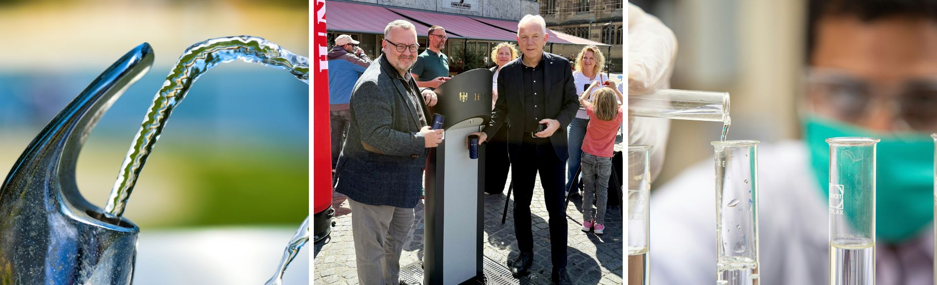 Collage zum Thema Trinkwasser: ein Trinkbrunnen mit Wasserstrahl, eine Gruppe von Personen bei einer öffentlichen Veranstaltung und eine Person im Labor mit Reagenzgläsern.