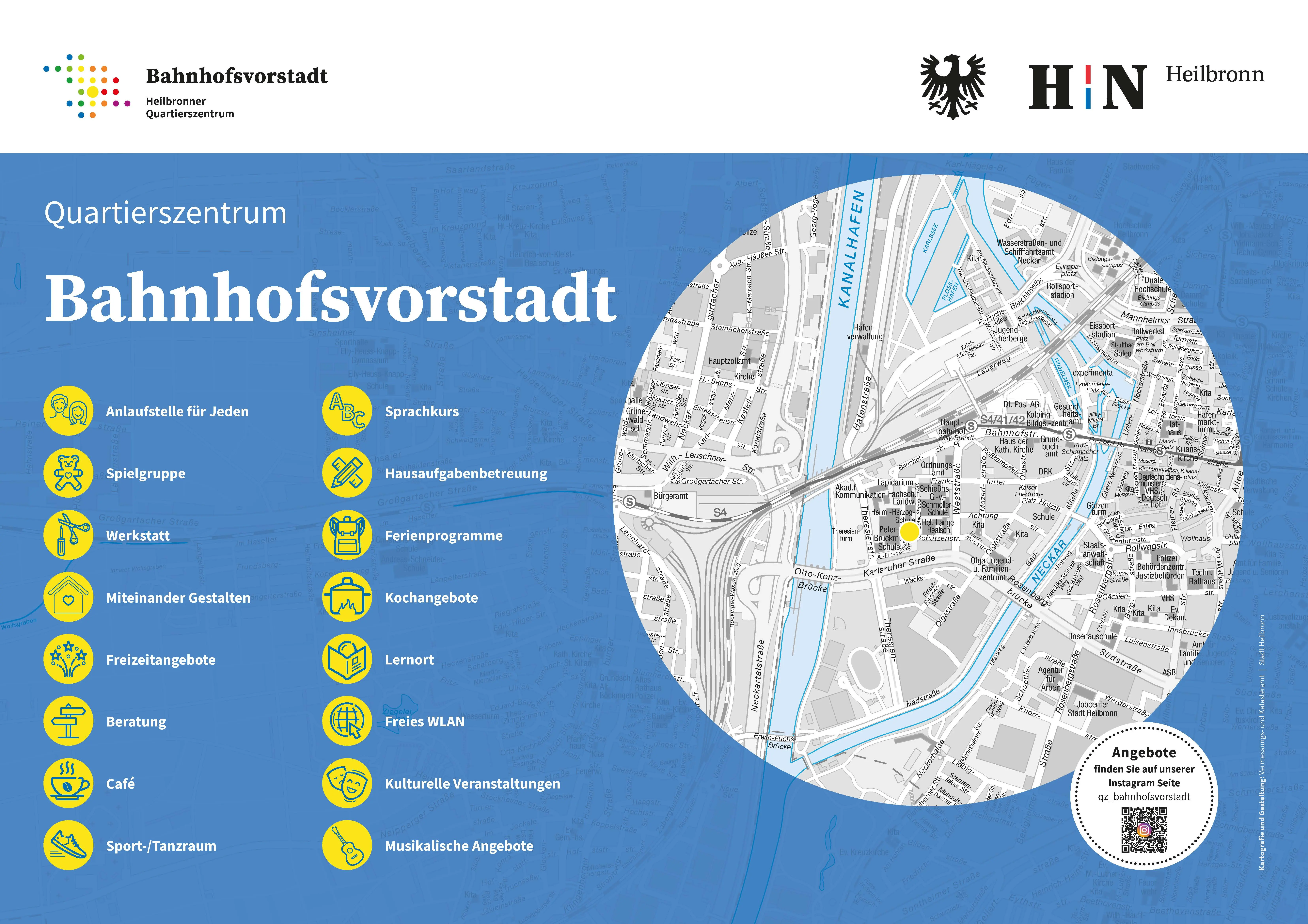 Ein Stadtplan auf dem man sieht wo das quartierszentrum ist.