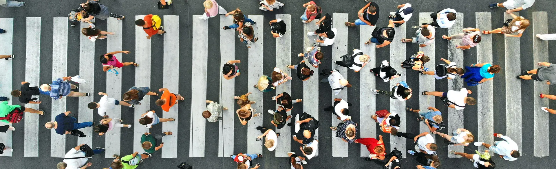 Header Zensus: Man sieht viele Menschen, die über einen großen Zebrastreifen gehen