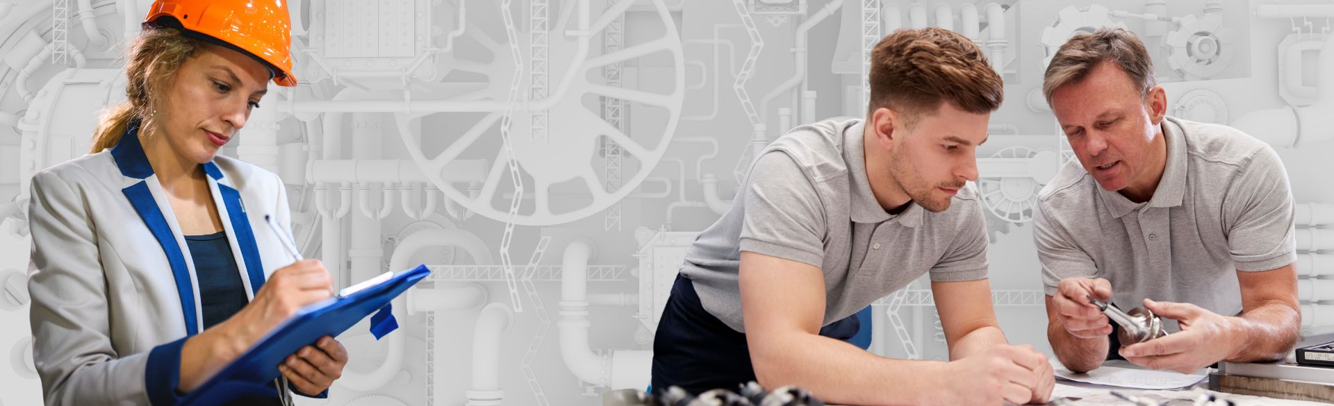 Das Bild zeigt drei Personen in einem beruflich technischen Umfeld, passend zum Studiengang Bachelor of Engineering im Wirtschaftsingenieurwesen mit Schwerpunkt Facility Management. Links steht eine Frau mit Schutzhelm und Klemmbrett, die Daten erfasst oder überprüft. Rechts arbeiten zwei Männer gemeinsam an Plänen oder technischen Unterlagen und besprechen Details. Die Szene steht für die Verbindung von Technik, Organisation und wirtschaftlichem Denken sowie für Planung, Analyse und Koordination von Gebäuden und Anlagen.