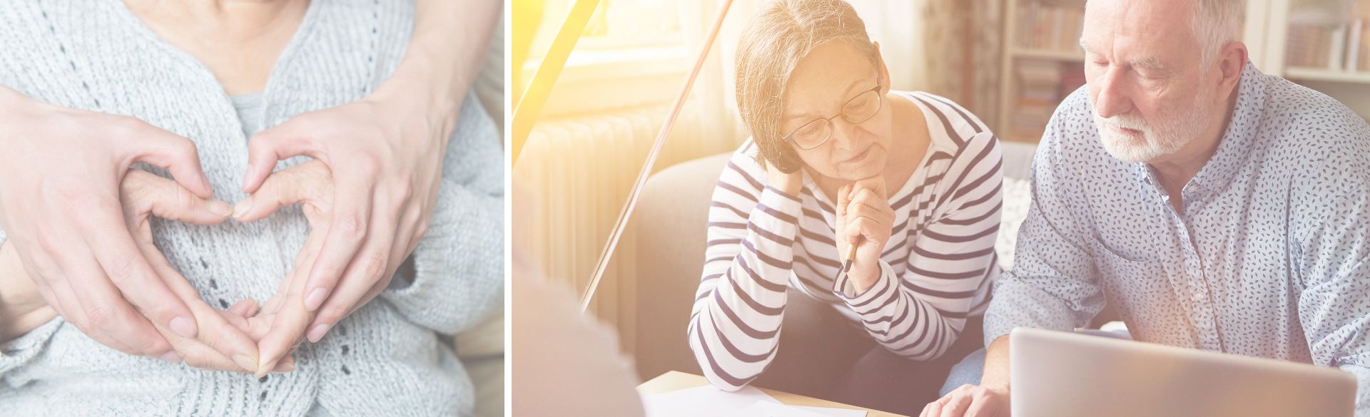 Man sieht zwei Hände - eine junge und eine alte, die ein Herz formen sowie ein Paar das beraten wird.