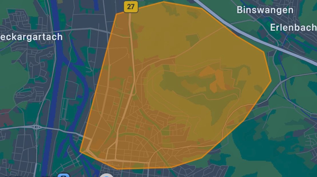 Kartenausschnitt von Heilbronn mit betroffenem Gebiet im nördlichen Stadtkreis Heilbronn - - Nördlicher Richtung: bis Binswanger Straße - Südlicher Richtung: bis Mannheimer/Weinsberger Straße - Westlicher Richtung: bis Kreuzenstraße - Östlicher Richtung: bis Kübelstraße