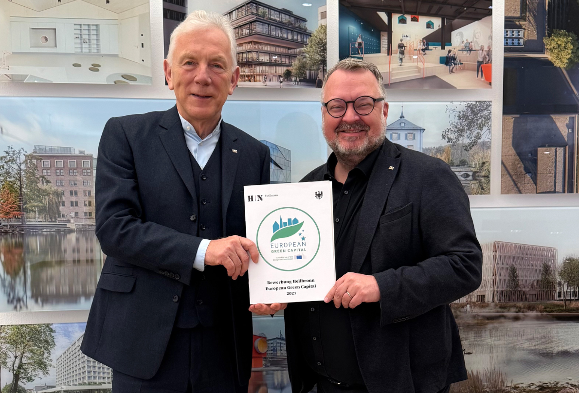 Oberbürgermeister Harry Mergel und Bürgermeister Andreas Ringle freuen sich über die erneute Bewerbung der Stadt Heilbronn beim Wettbewerb „European Green Capital“. Foto: Nadine Izquierdo