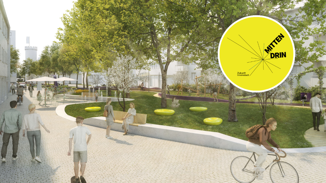 Das Bild zeigt eine Visualisierung nach dem Umbau der Turmstraße mit großen Grünzonen mit Sitzmöglichkeiten und schattenspendenden Bäumen. 