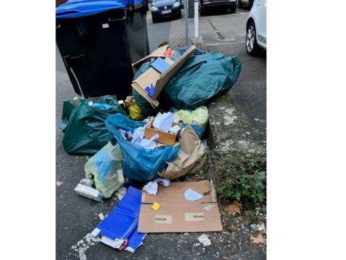 Das Bild zeigt eine Fläche im Glockengießerhof, auf dem viele Müllsäcke illegal an den Straßenrand gestellt wurden.