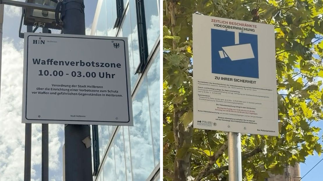 Collage mit zwei Bildern. Links: Schild der Waffenverbotszone mit Geltungsbereich. Rechts: Schild zur Videoüberwachung am Marktplatz.