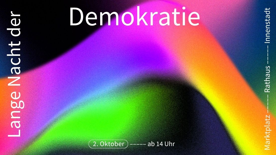 Grafik zur Langen Nacht der Demokratie am 2. Oktober ab 14 Uhr auf dem Marktplatz, im Rathaus und in der Heilbronner Innenstadt.