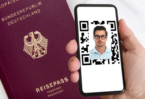 Ein Reisepass und ein Handy mit Foto un dQR Code