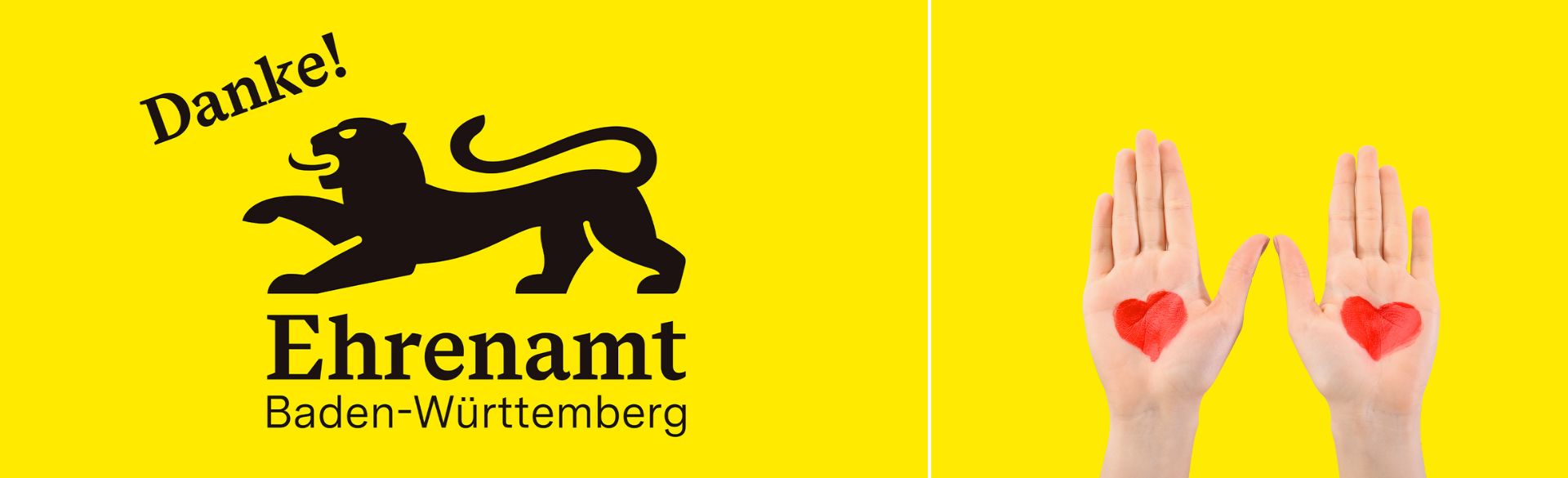 Header Ehrenamtskarte: Man sieht den Schriftzug "Danke! Ehrenamt Badn-Württemberg" und zwei heldende Hände mit Herz