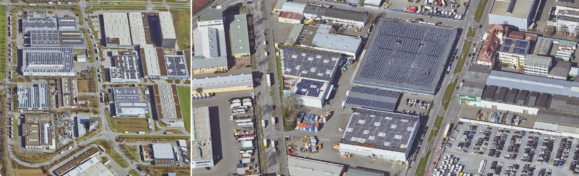 Man sieht die Gewerbedächer der Böllinger Höfe und des Industriegebiets Nord.