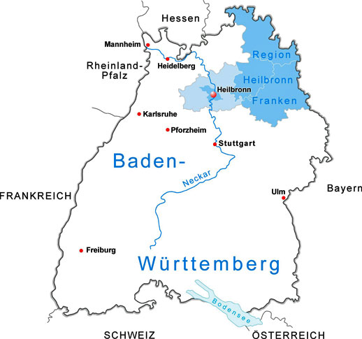 Lage Heilbronns in Baden-Württemberg