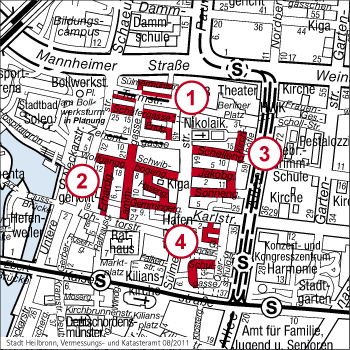 Stadtplanausschnitt mit den Bewohnerparkzonen 1 bis 4