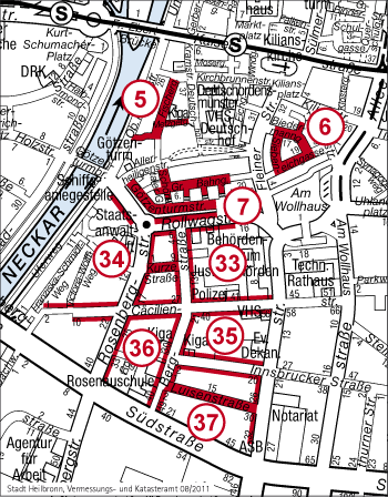Stadtplanausschnitt mit den Bewohnerparkzonen 5 bis 7 und 33 bis 37