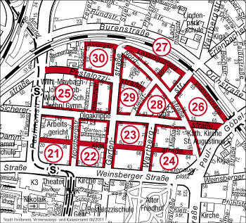 Stadtplanausschnitt mit den Bewohnerparkzonen 21 bis 30