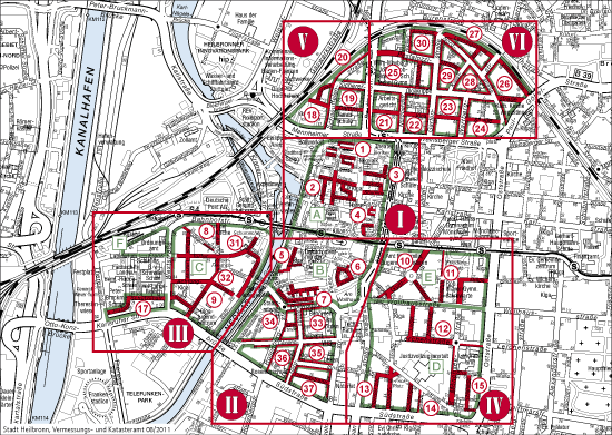Innenstadtplan mit Ansicht der Gebiete I bis VI