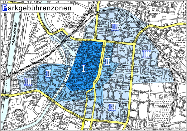 Innenstadtplan mit Ansicht der Parkgebührenzonen I bis III