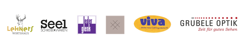 Logos der bisherigen Aktionspartner v.l.n.r. Lehners Wirtshaus, Seel Schreibwaren, Leder Klenk, Rey the Store, Viva Kern, Grübele Optik