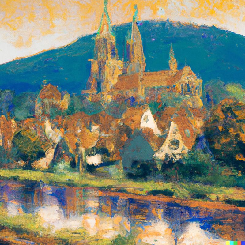 Die Stadt mit Kilianskirche und im Vordergrund ist der Neckar. Das Bild ist im impressionistischen Stil gemalt, also mit vielen "Kleksen"