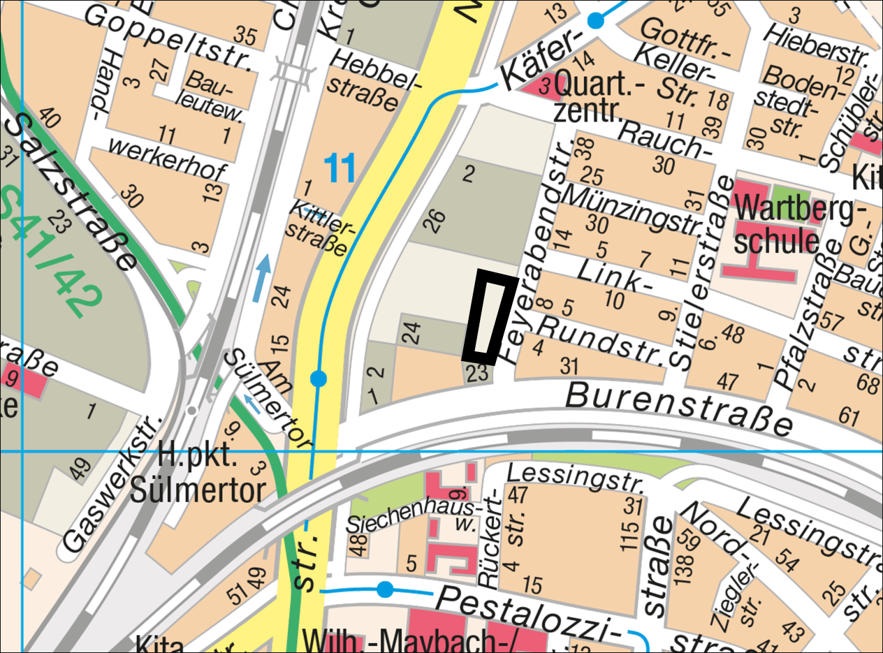 Übersichtsplan zur Lage im Stadtgebiet: Westlich Feyerabendstraße - Kartengrundlage: Vermessungs- und Katasteramt