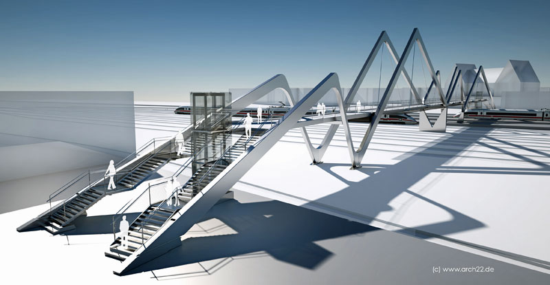 Visualisierung der Fuß- und Radwegbrücke über den Hauptbahnhof - (c) ARGE Peter und Lochner Ingenieure mit den Architekten arch22