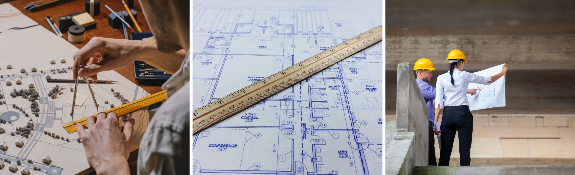 Man sieht einen Architekten bei seiner Arbeit, einen Plan mit Lineal und zwei Personen mit Helm und Plan.
