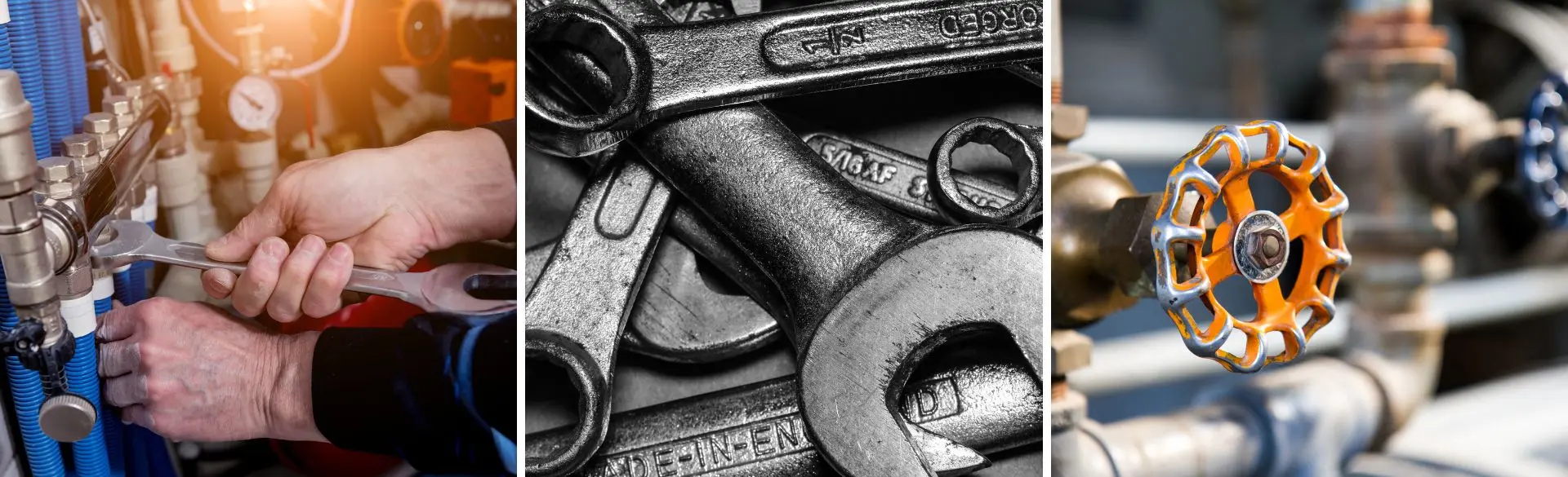 Man sieht einen Hahn, Schraubenschlüssel und wie an Schläuchen Muttern fesgezogen werden
