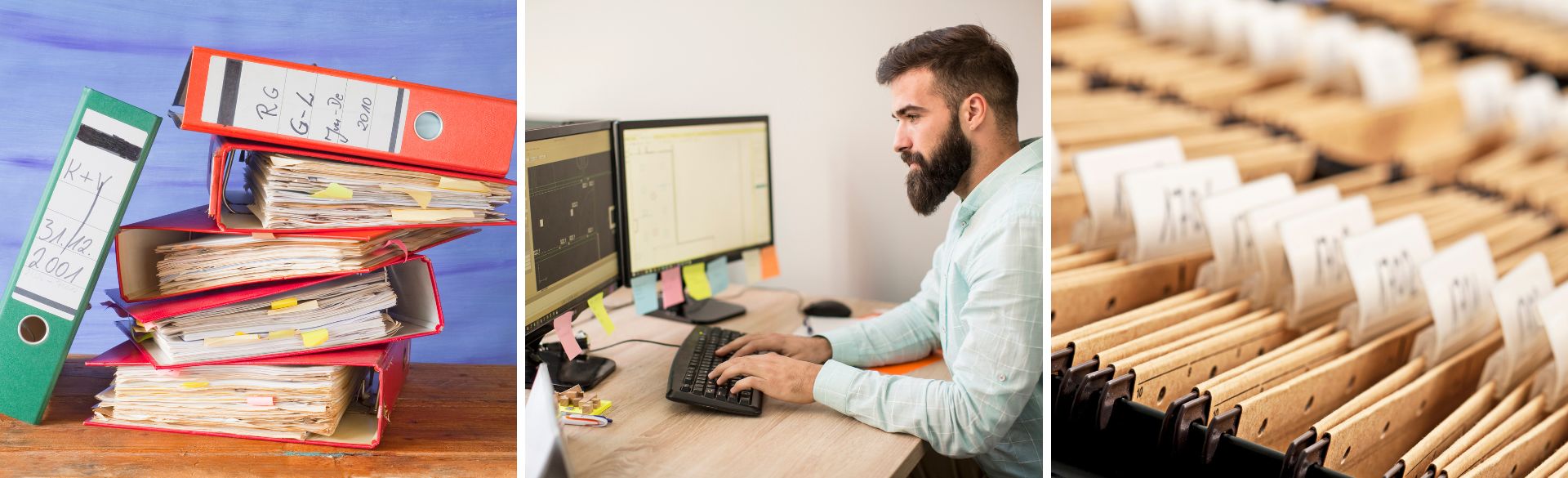 Man sieht einen Mann am Computer arbeiten, eine Stapel mit Ordnern und Aktenablagen